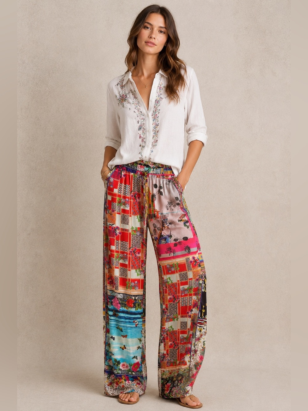 Johnny Was Silk Patchwork Print Pants XS Boho Floral Stretch Pull On Wide Leg